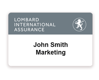 Event badge for Lombard insurance company printed with Badgy