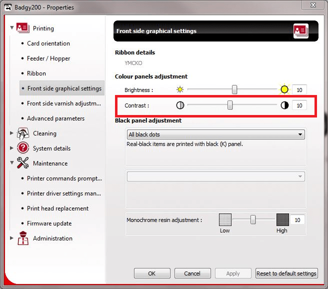 Graphic settings in Badgy printing properties