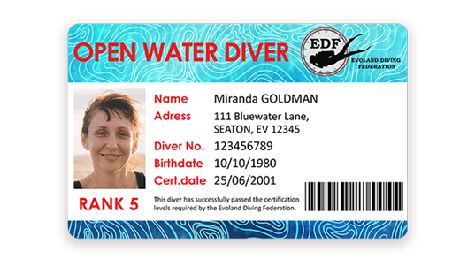 Diving certification card with barcode printed with Badgy